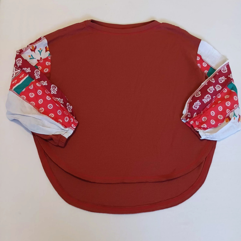 Boho Orange-Red Colorblock Top with Mixed Pattern Patchwork Balloon Sleeves